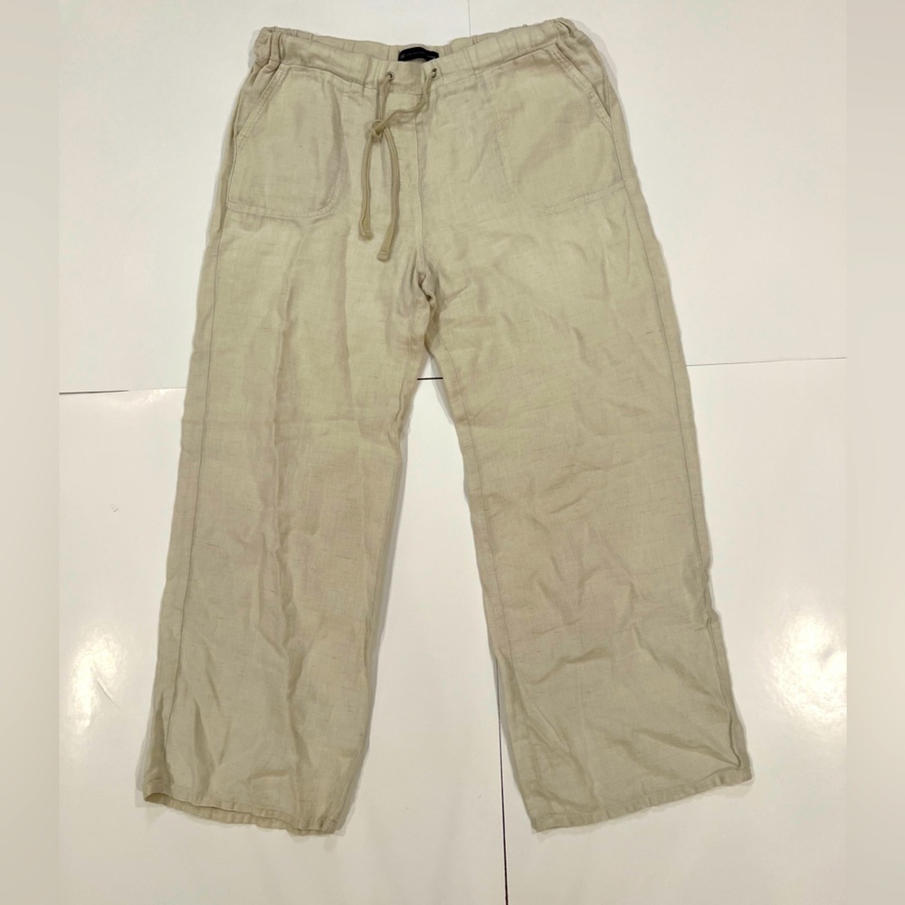 M&S Collection Pure Linen Wide Leg Drawstring Oatmeal Pants Size M Lagenlook